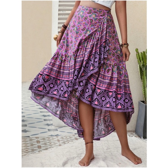 Boho Floral Paisley Print High Low Maxi Skirt - Picture 2 of 5